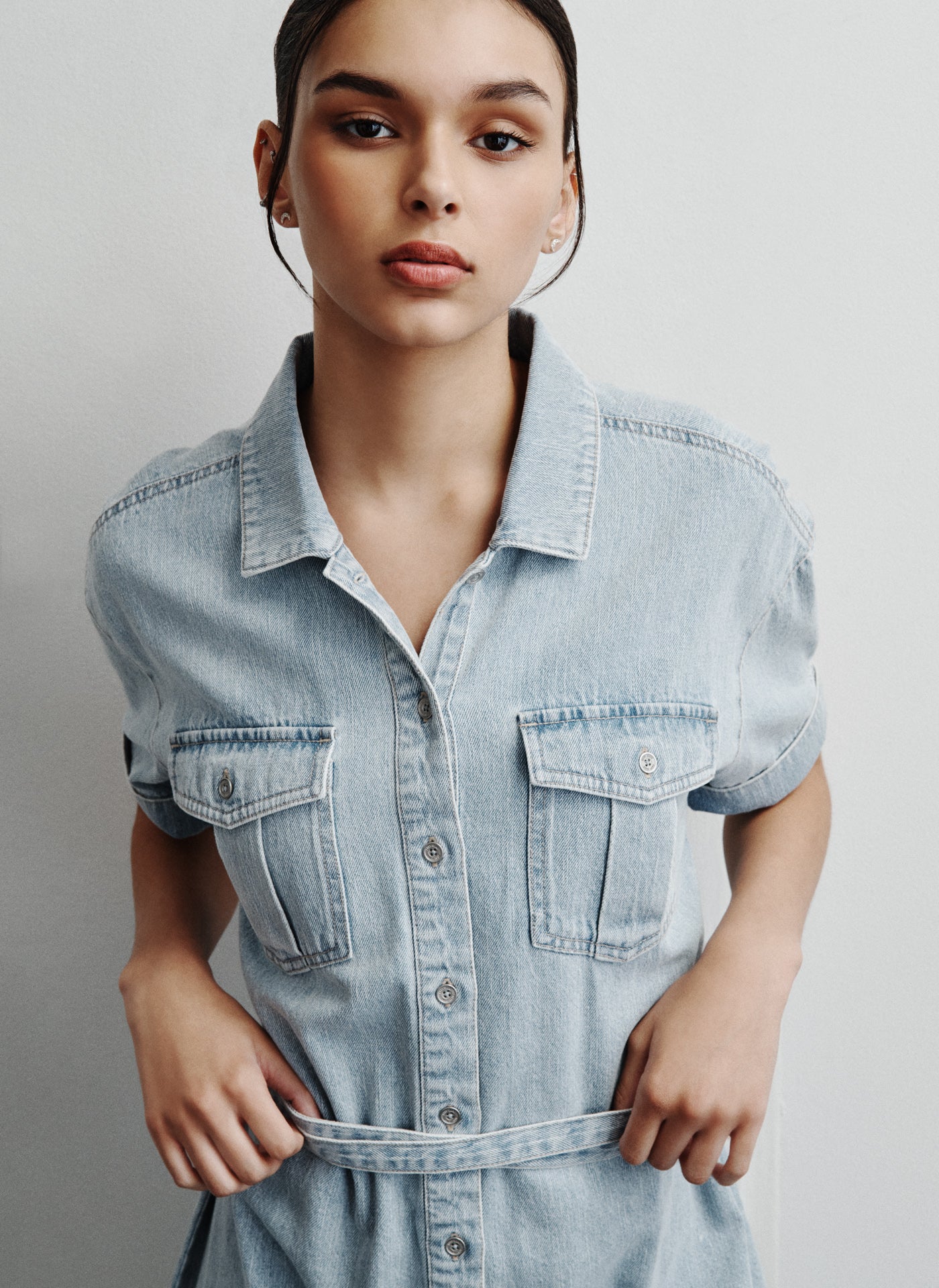 BELTED SHIRT DENIM UTILITY DRESS