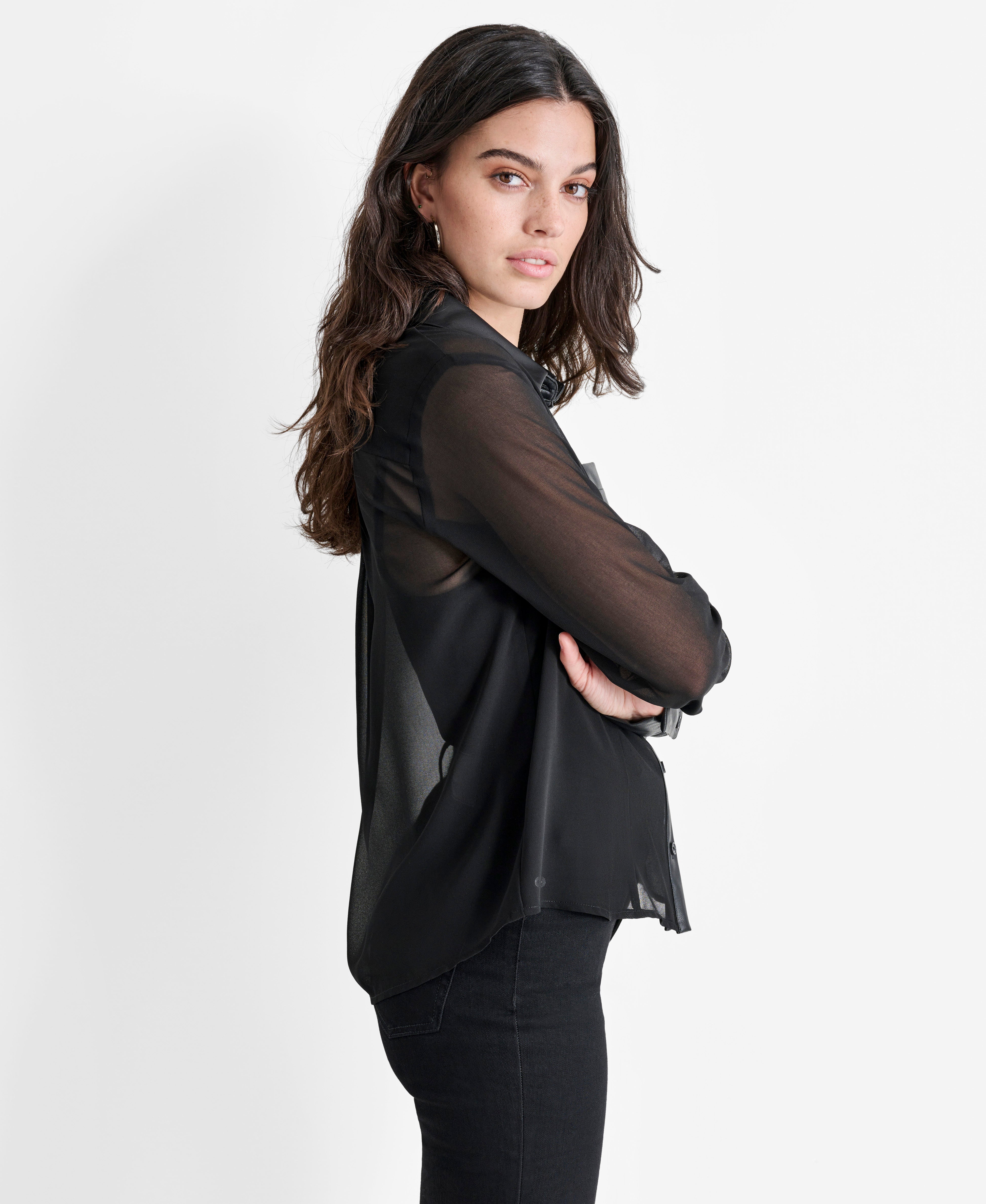 BUTTON FRONT SHIRT WITH FAUX LEATHER COLLAR