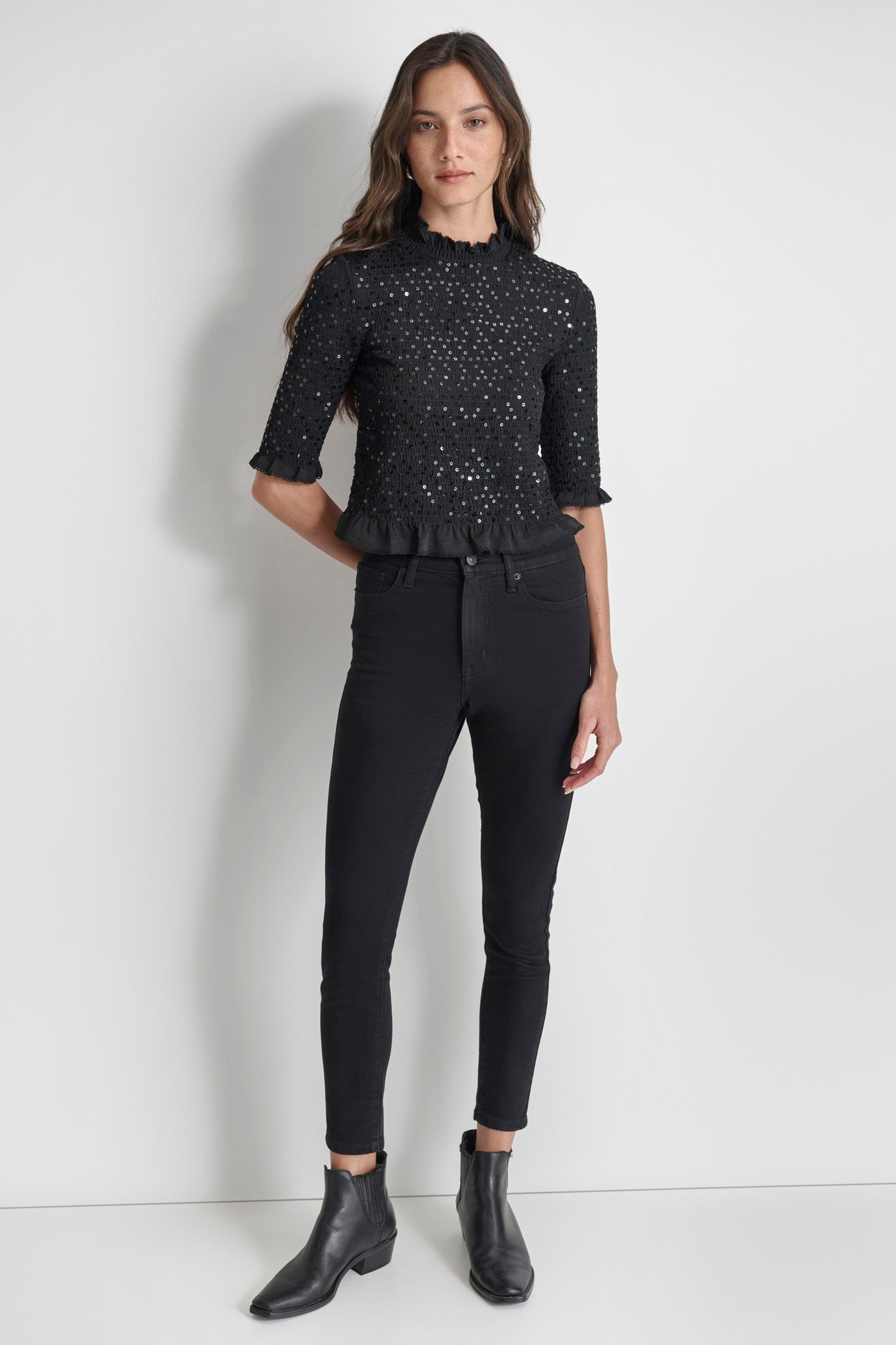 SMOCKED SEQUIN TOP DKNY