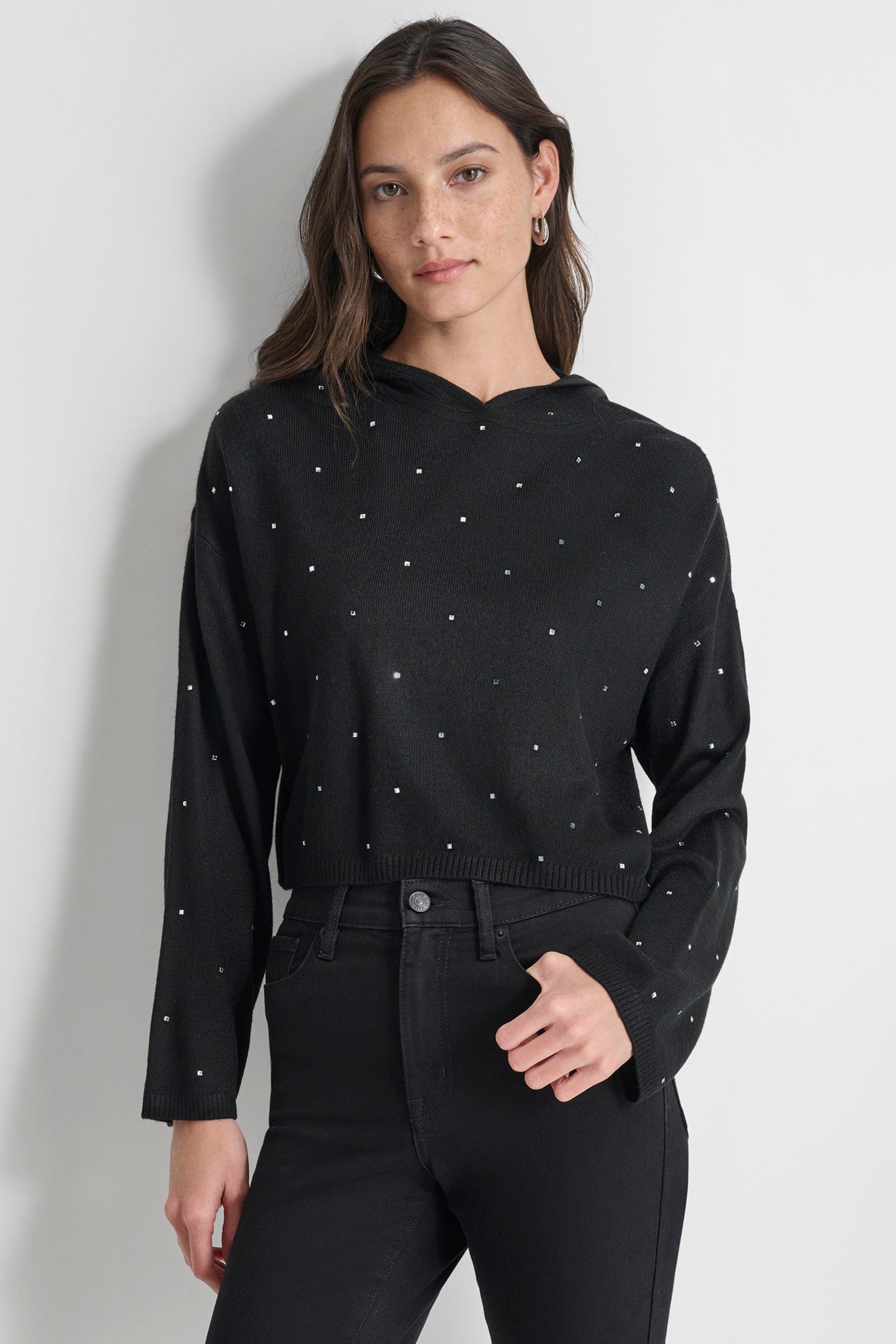 RHINESTUD CROPPED HOODIE SWEATER DKNY