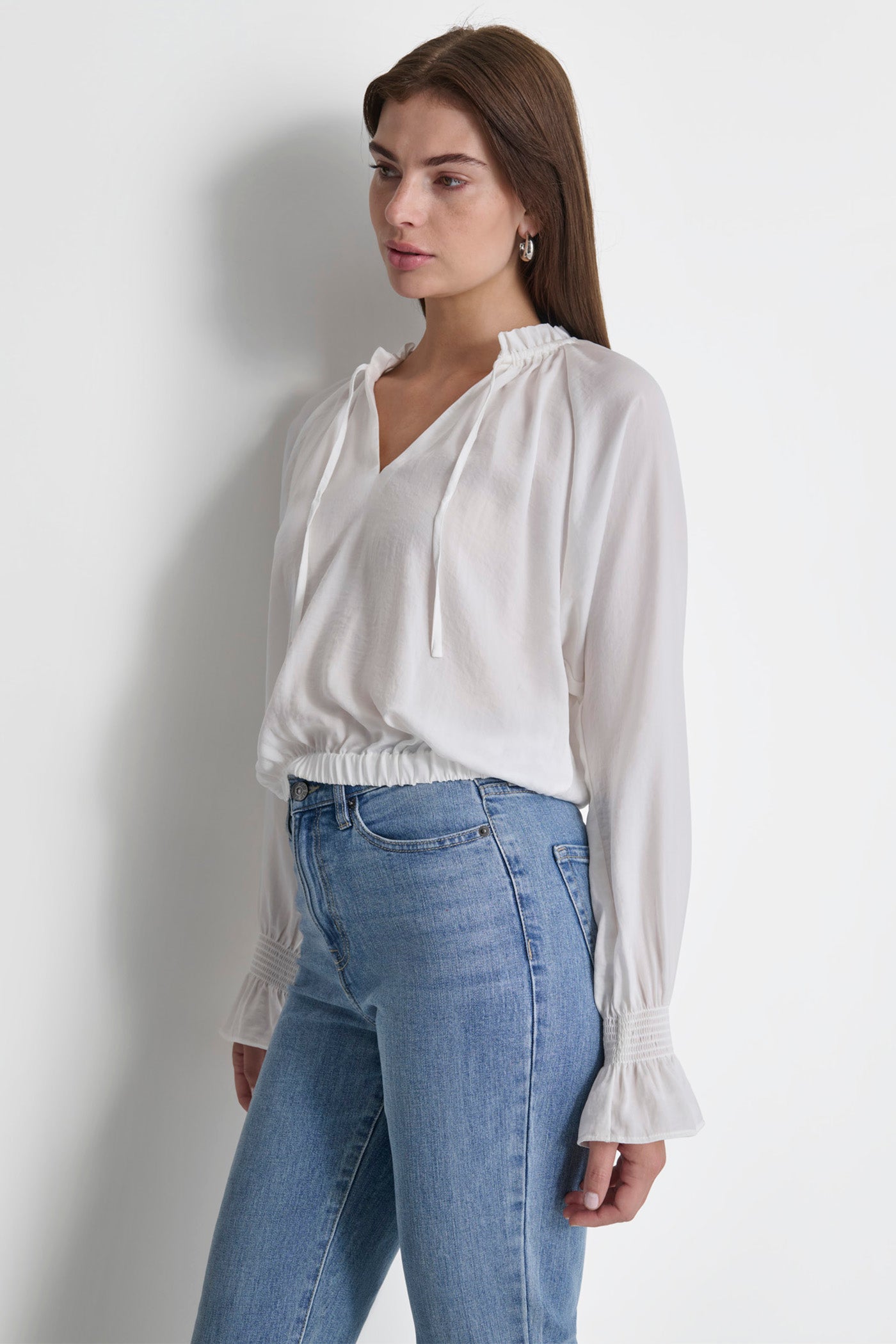 SMOCKED CUFF RAGLAN SLEEVE BLOUSE