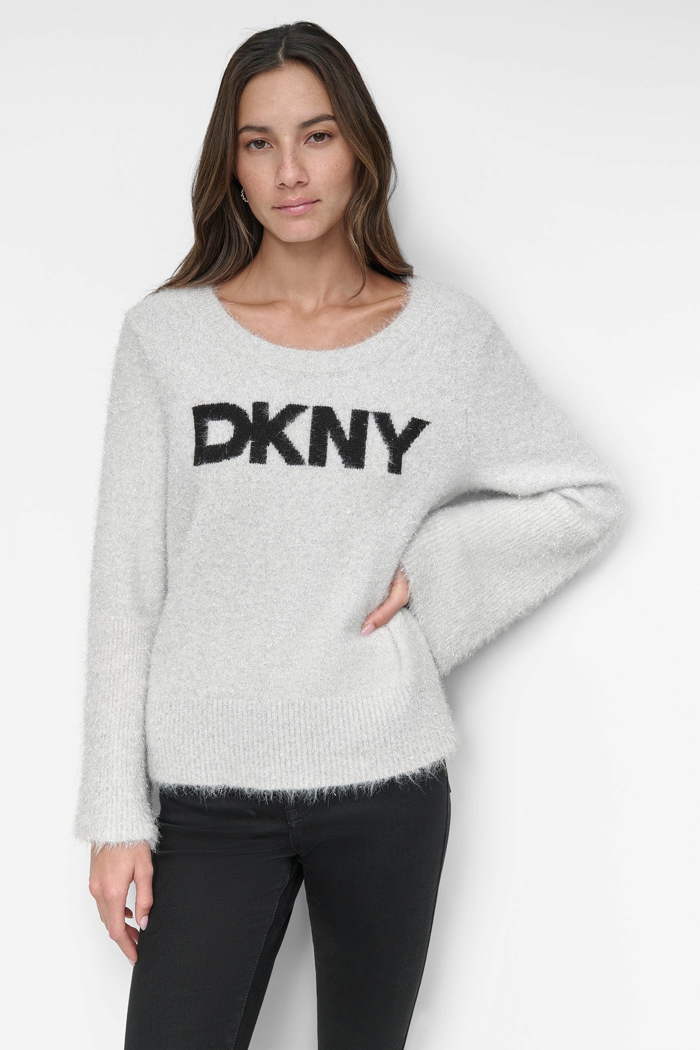 SCOOP NECK METALLIC LOGO SWEATER DKNY