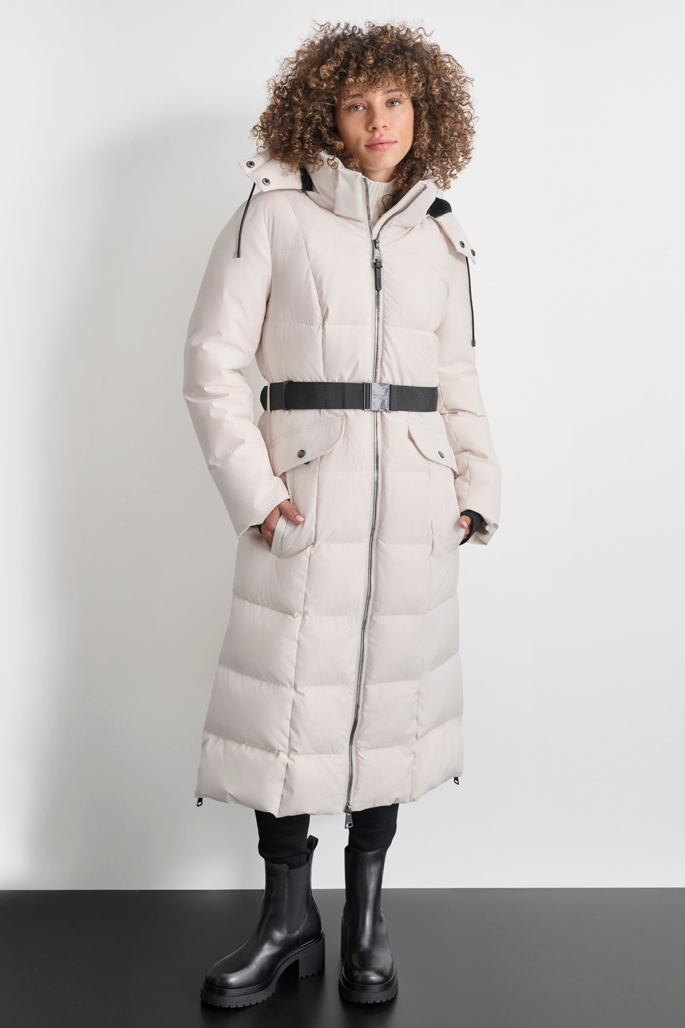 Long puffer with belt on sale