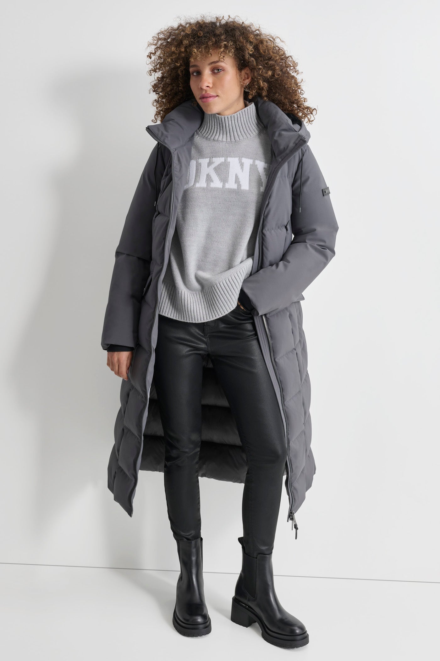 BOX QUILT LONG PUFFER W BELT DKNY